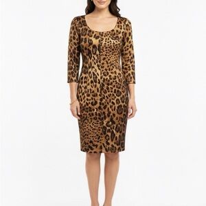 St. John Black and Tan Leopard Sheath Dress